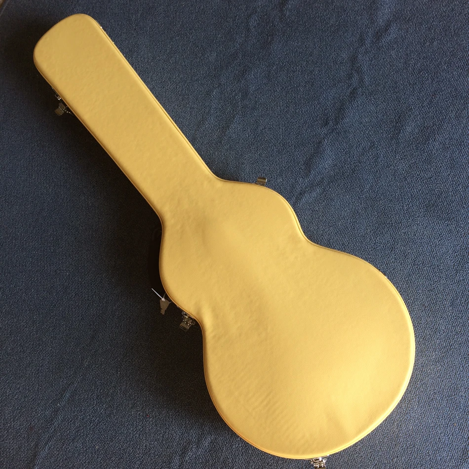 

New style, high quality custom electric guitar case, yellow leather hard case with red lining, free shipping