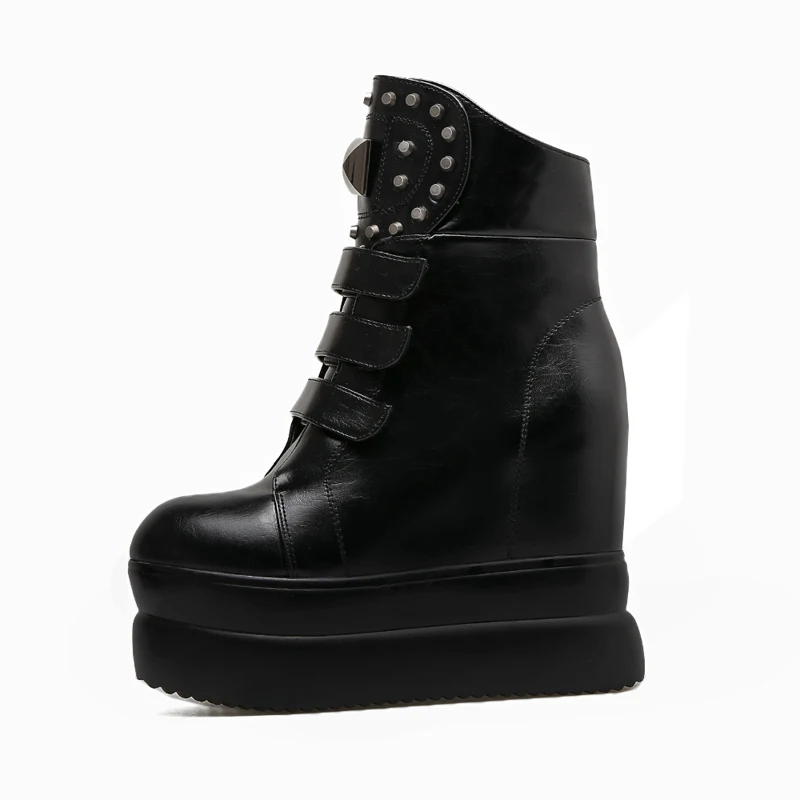 Haiyueli black Wedge Moto Latérale Punk Haute 2183 Femmes Hiver Gothique Veau Glissière Talons Chaussures Black Hauts Bottes Rivet Plate 2182 De forme gvIb76fYy