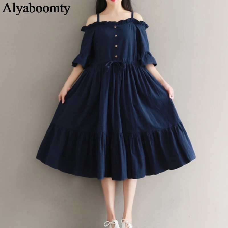 Женское платье японского стиля“Mori Girl” с вырезом-лодочка, темно-синего цвета,хлопковое нежное, женственное свободное миди платье с оборками и коротким рукавом,элегантное платье на лето