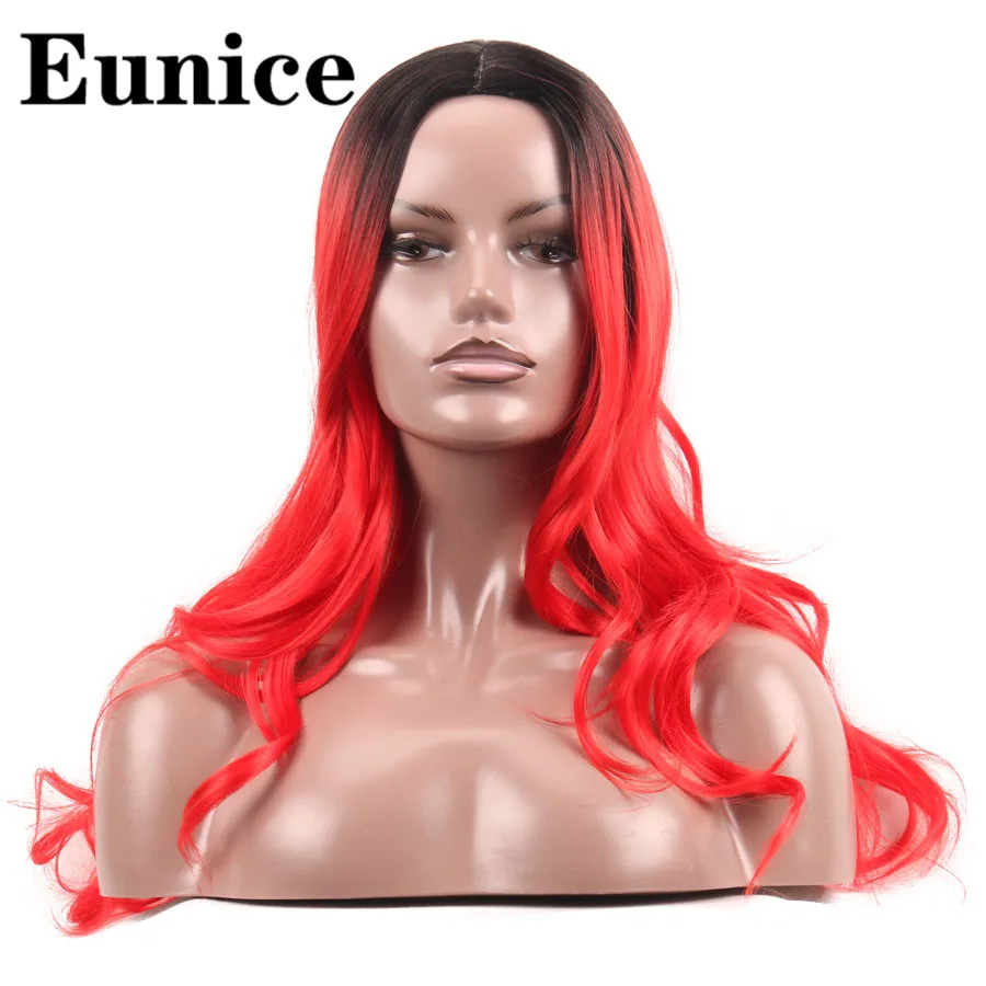 

18'' Synthetic Long Wavy Red Wigs For Women Eunice Hair Ombre Middle Part Dark Root Wigs Red Cosplay Wigs Heat Resistant Fiber