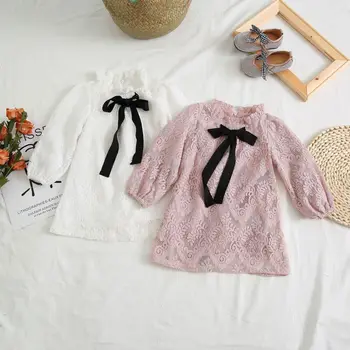 

Preppy Ribbon Bow Kids Baby Girls Clothes Lace Princess Round Neck Long Sleeve Toddler Cotton Casual Party Dresses One Pieces