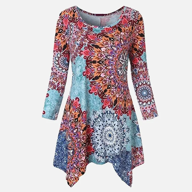 

Plus Size 5XL Floral Print Women's Tunic Blouse O-neck Long Sleeve Irregular Spring Womens Blouses Summer Loose Woman Tunics