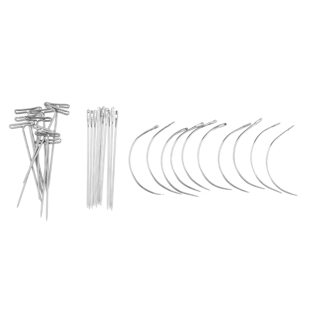 30 Pieces C+J+I Shaped Wig Needles Pins Dark Brown Thread for Wig Making Hair Extension Handcraft Sewing Weaving