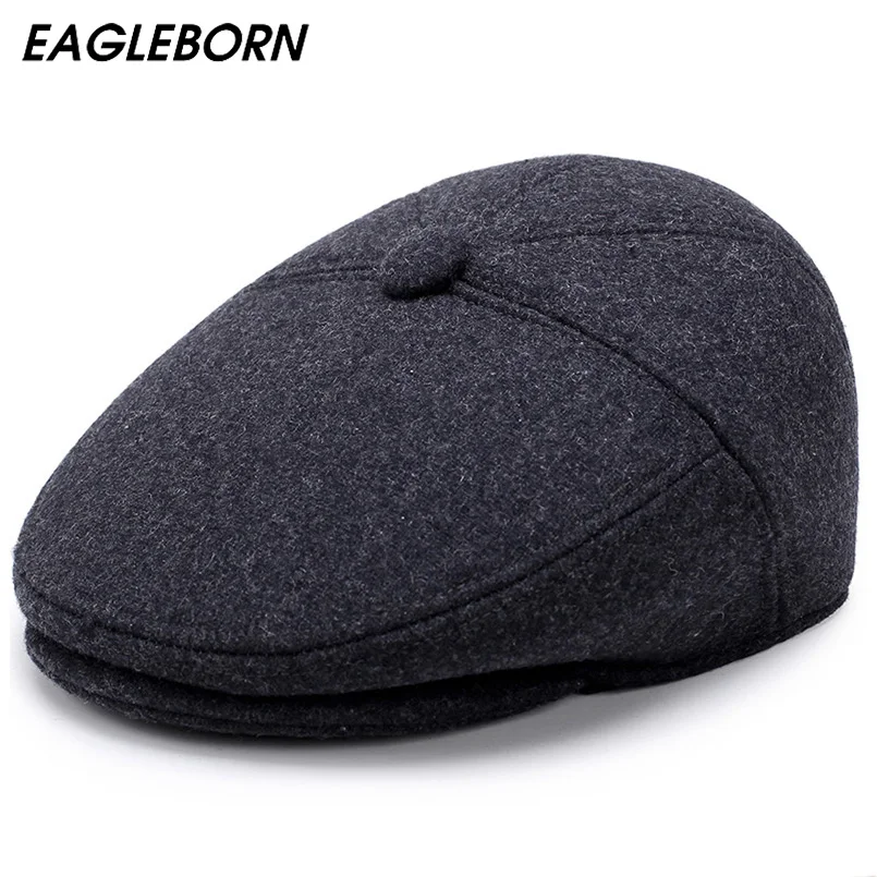 

EAGLEBORN 2019 Winter Men's Hats Classic Berets Hat with Ear Flaps Beret Caps Thick Warm Dad Hat Men Retro Cap