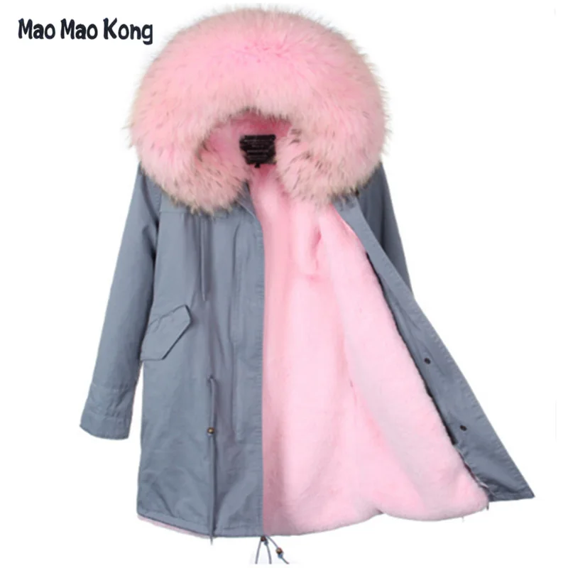

Plus Size Long Real Raccoon Fur Collar Hood Faux Fur Linner Winter Parka Outwear 2 in 1 Detachable Lining Winter Jacket