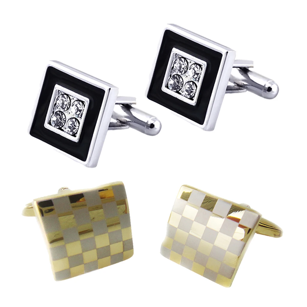2 Pairs of Mens Classic Checkered CuffLinks Black Square Crystal Cuff