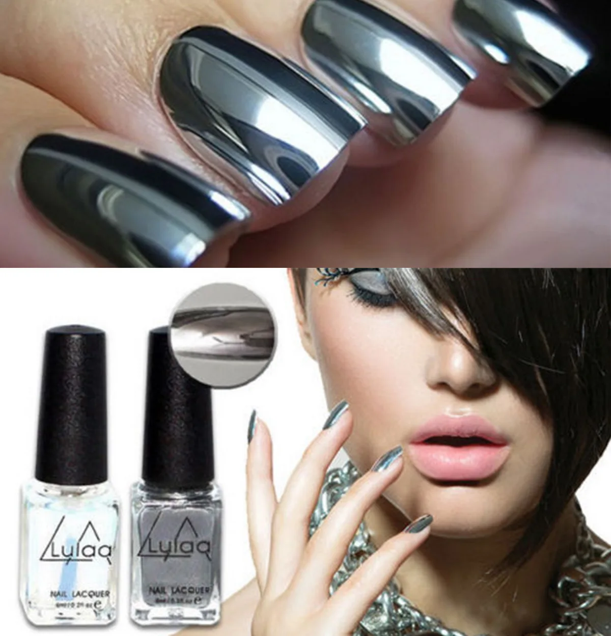 

2016 fashion 2pc/lot 6ml Silver Mirror Effect Metal Nail Polish Varnish Top Coat Metallic Nails Art Tips nail polish set