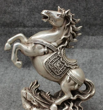 

8" China Silver Folk Animals Year Zodiac Dragon Wealth FengShui Up Horse Statue Decoration 100% real Brass Bronze