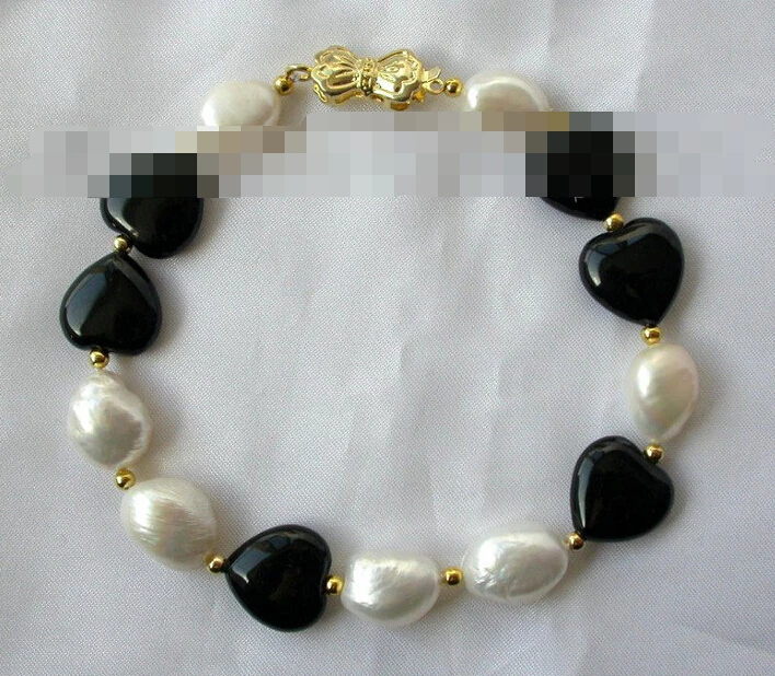 

1052 baroque heart black agate white freshwater pearl bracelet