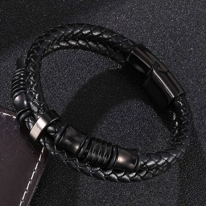 Панк Плетеный Кожаный веревочный браслет для мужчин ювелирные изделия черный нержавеющая сталь застежка браслет модные браслеты персонализированные подарки PH518