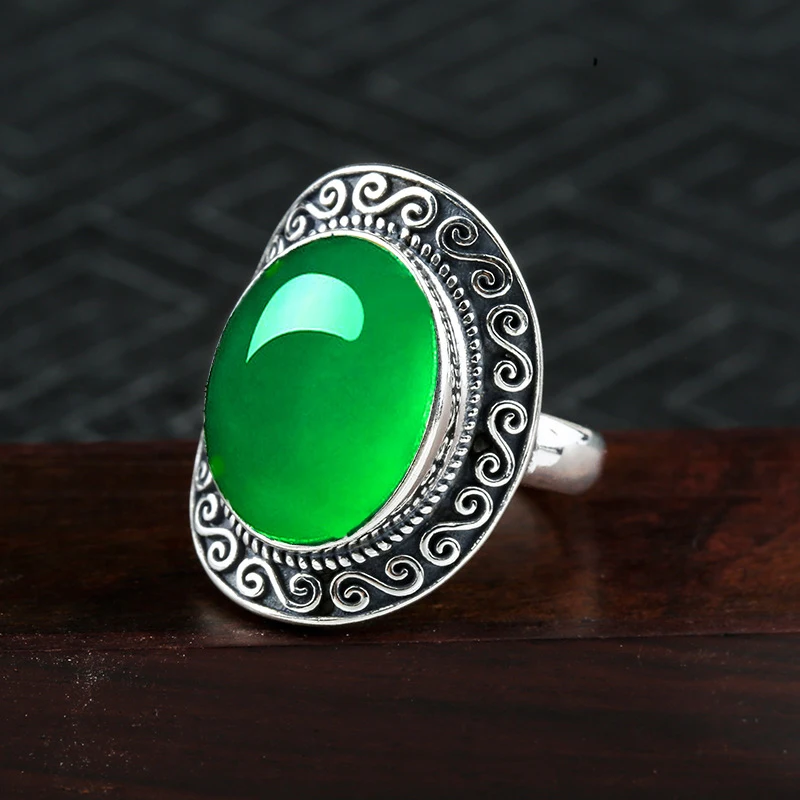 

12*16mm NOT FAKE S925 Sterling Silver Australia Emerald Rings Jade moldevite Chinatown oriental Retro Chalcedony