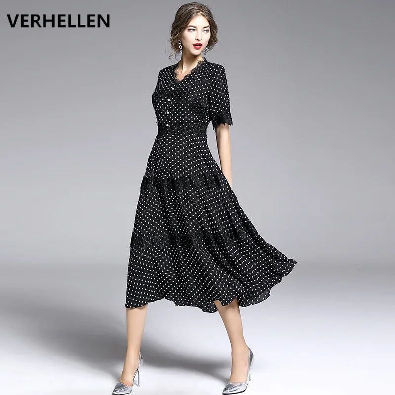 VERHELLEN, высокое качество, модное дизайнерское подиумное платье, летнее женское платье с коротким рукавом, в горошек, кружевное, лоскутное, элегантное платье