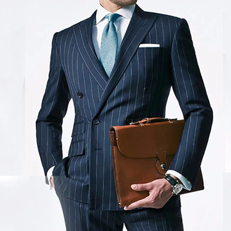 Chalk Stripe Men Suit Custom Made Navy Blue Mens Striped Suit,Tailored