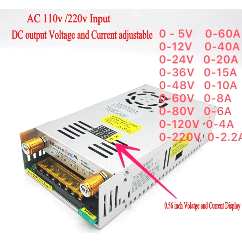 AC-DC преобразователь с цифровым дисплеем, регулируемое напряжение тока, регулируемый выключатель питания постоянного тока 12 В 24 в 36 в 48 в 60 в 80 в 120 в 480 Вт