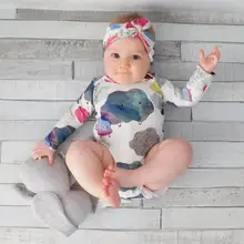 2pcs Child Cute Trend O-Neck Cartoon Cloud Doodle Print Lengthy Sleeve Romper Headband Go well with roupa de bebe carters