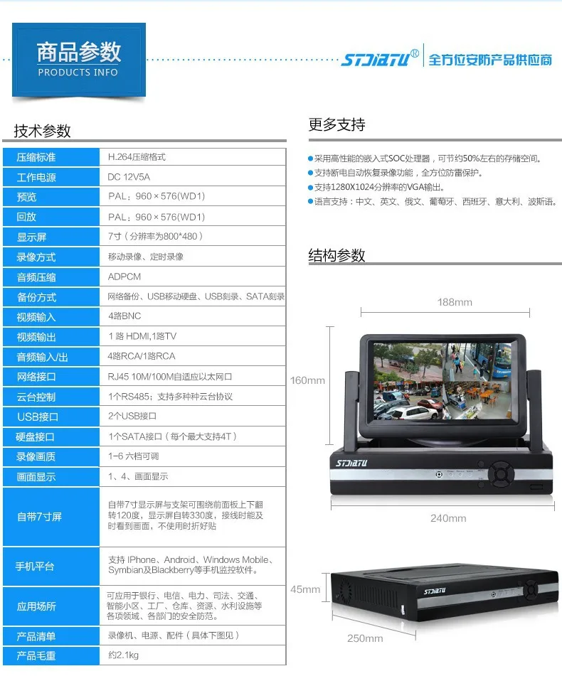 7-дюймовый экран одно целое DVR 4 способ жёсткий диск видеомагнитофон Монитор с высоким разрешением видео рекордер