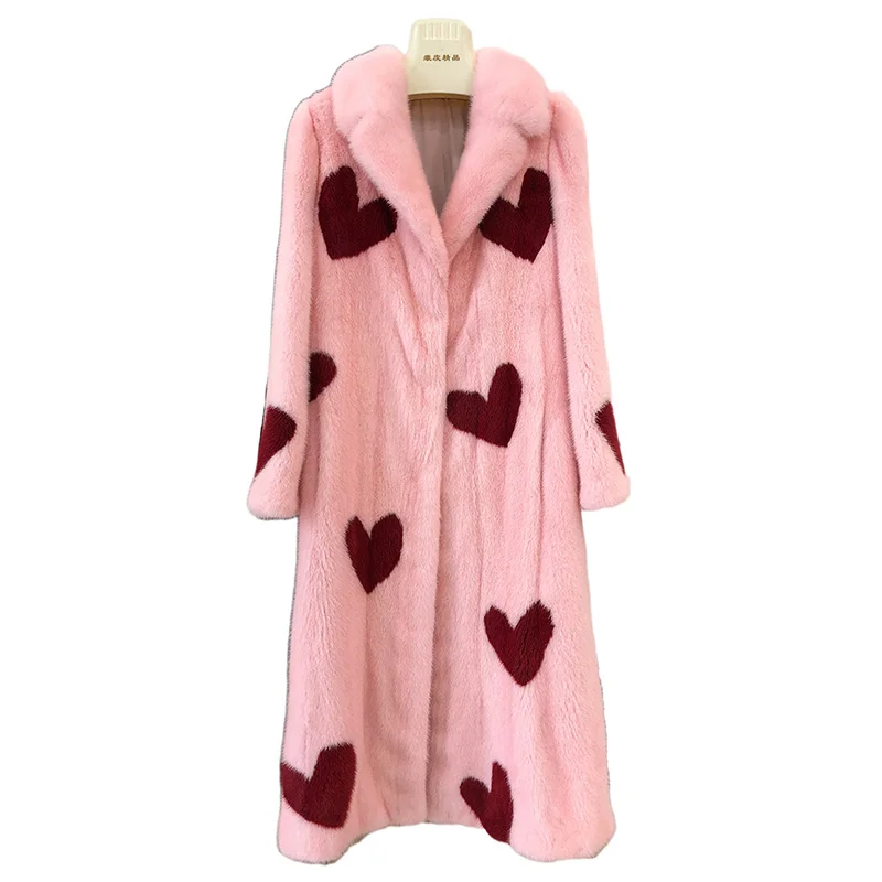 LVCHI зимнее вельветовое Норковое Пальто с лебедем, натуральный мех, розовый принт, красное пальто с сердечком, Женское пальто с отложным воротником, Длинные норковые шубы - Цвет: Розовый