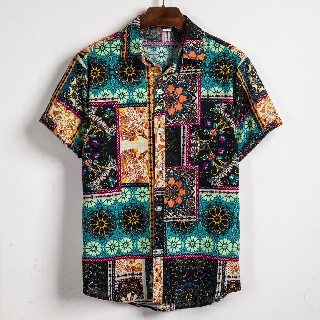 Рубашка мужская гавайская рубашка с коротким рукавом Этническая льняная рубашка с принтом мешковатая блузка camisas hawaiana para hombre Прямая C - Цвет: Green