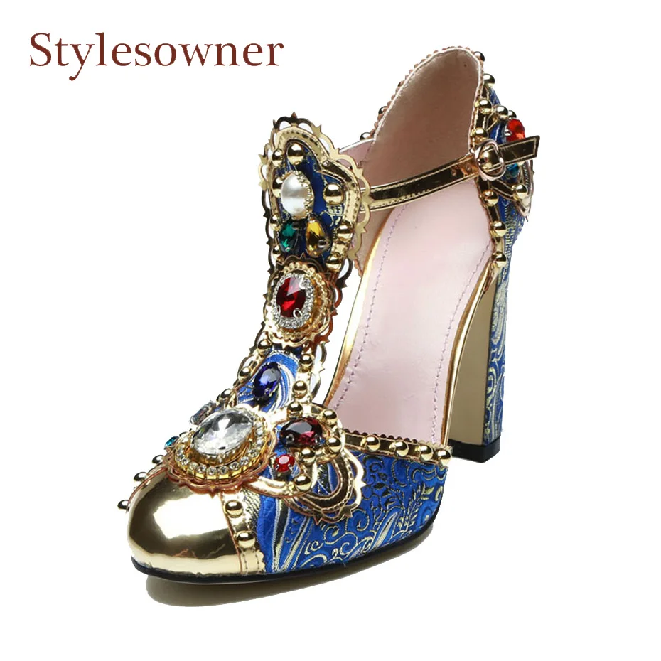 

Stylesowner brand design runway style high heel shoes metal decor luxury rhinestone mary jane shoe genuine leather buckle sandal