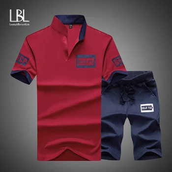 2 Pieces T-shirt Shorts Tracksuit Sport suits Set Men 2018 Brand Fitness Suits Summer 2PC Top Short Set Mens Stand Collar Fashion