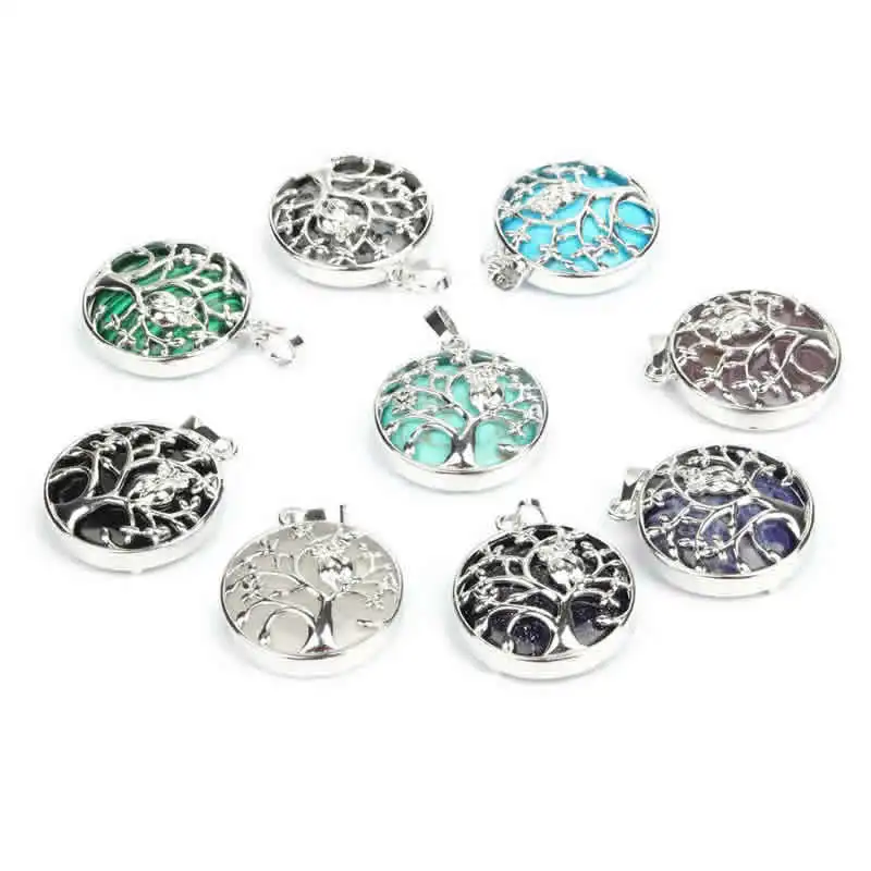 

Vintage Style Silver Color Plated Tree Animal Owl Charm Hollowed Natural Aemthysts Tiger Eye Opal Lapis Lazuli Stone Pendants