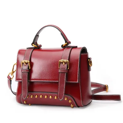 

women preppy style rivet satchels female hight quality split leather one shoulder bag girl red green brown crossbody bag