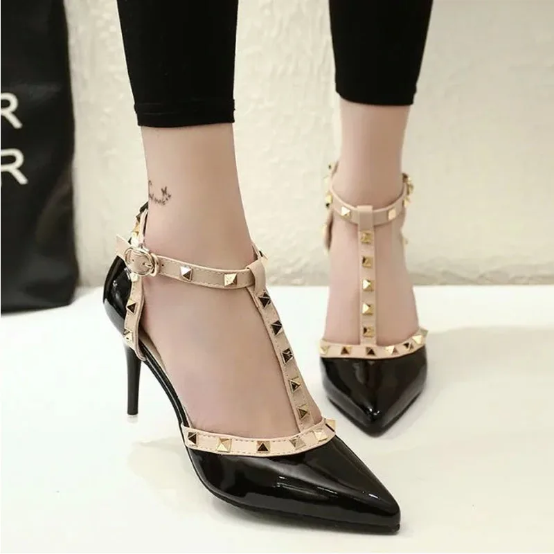 2016 летние босоножки модные женские туфли на высоком каблуке с заклепками