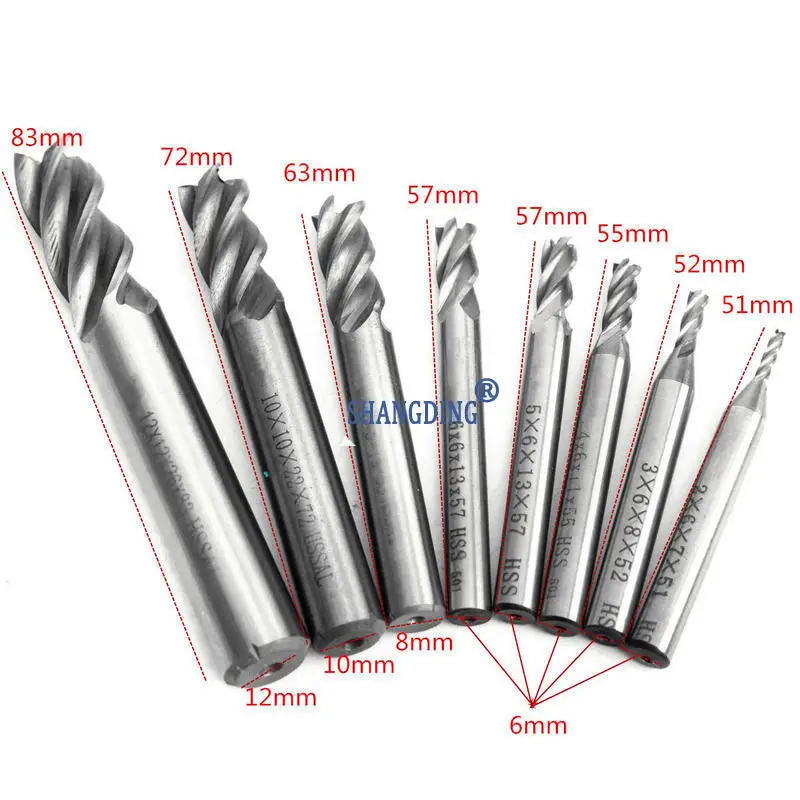 8Pcs/set 4 Flute End Mill HSS Straight Shank CNC Cutter Drill Bit Tool 2/3/4/5/6/8/10/12mm