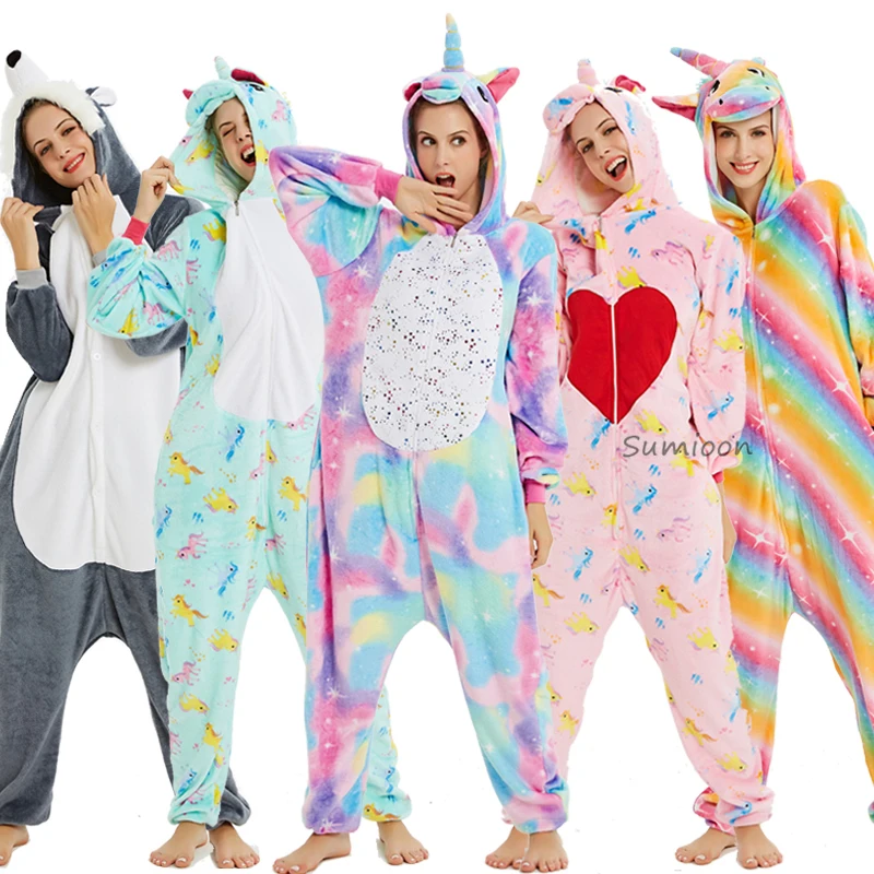 Новинка, пижама с единорогом, женский комбинезон, кугуруми, панда, зимняя Фланелевая пижама, кигуруми, для взрослых, ночная рубашка, стежка, единорог, одежда для сна, комбинезоны