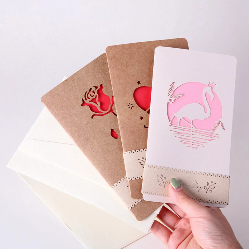  3D Laser Cut Handmade Wedding Retro Flamingos Rose Heart Paper Invitation Greeting Cards Valentine' - 32872863650