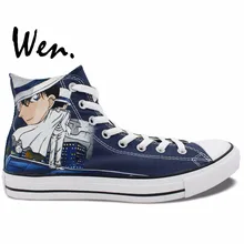 Wen Blue Anime Hand Painted Shoes Design Custom Detective Conan Kid the Phantom Thief High Top Men Women’s Canvas Sneakers