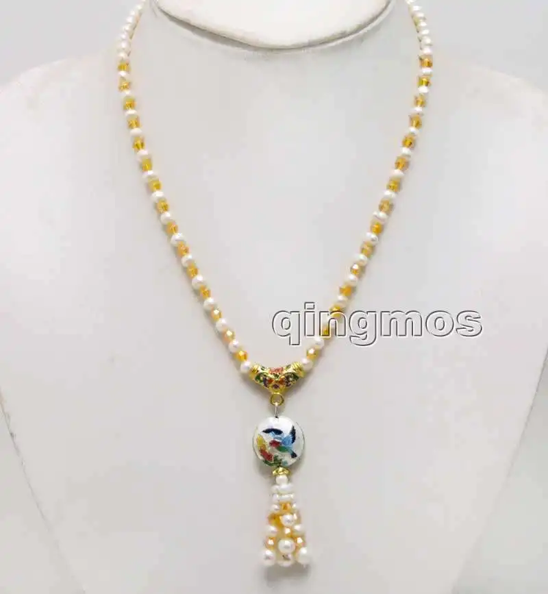 

5-6mm White Round Natural Pearl with Orange crystal & 18mm Cloisonne pendant 18'' Necklace-nec6386