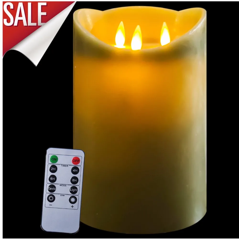 3 Wick Flameless Real Wax Pillar LED Candles Battery Operated Flicker