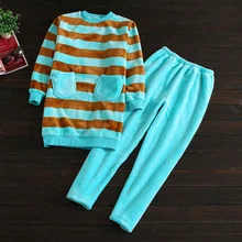 Зимние женские повседневные полосатые пижамные комплекты женские утепленные коралловые флисовые пижамы костюм дамы круглый воротник футболка+ брюки