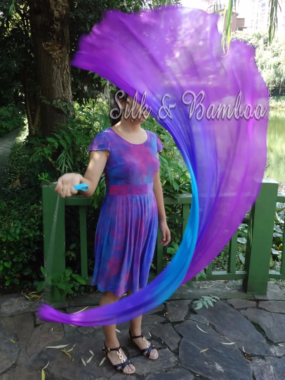 

turquoise-blue-purple, 1 piece 1.8m*0.9m(70"*35") detachable half circle belly dance silk veil poi, real flowy silk!