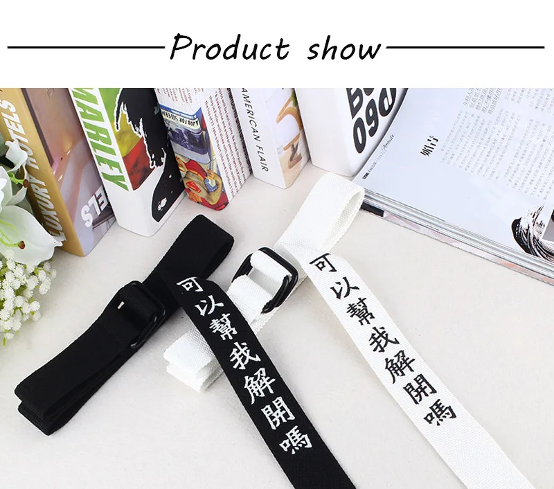 Black White Canvas Belt For Men Women Jeans Chinese Characters Personality Double Ring Buckle Belt Casual white Waistband Z3