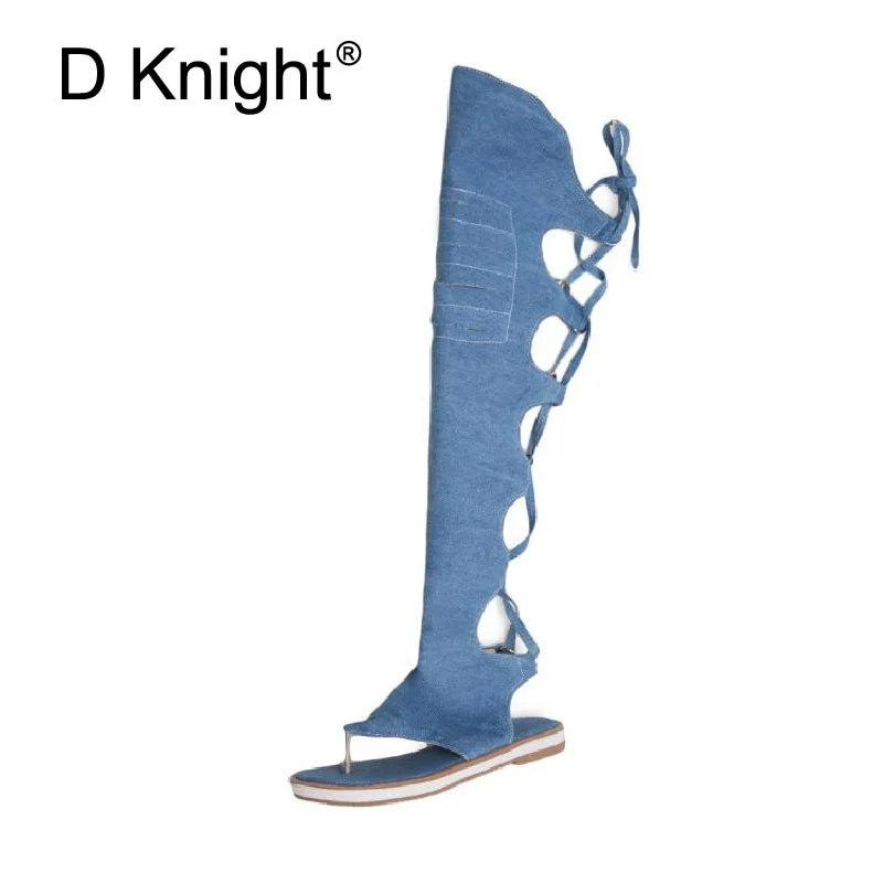 New Women's Summer Shoes Fashion Denim Knee High Women Gladiator Sandals Sexy Back Cross Tied High Top Flip Flops Beach Sandals (9)