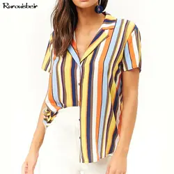 Плюс Размеры блузка Новинки для женщин летние шорты рукавом Шифоновая блузка рубашка в полоску с отложным воротником рубашка офис