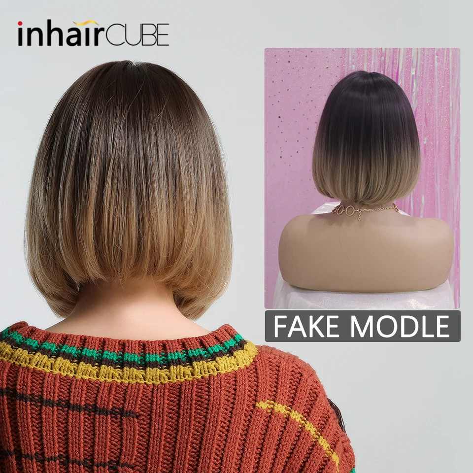 Inhair Cube Synthetic Flat Bangs Women Wig Ombre With Highlight