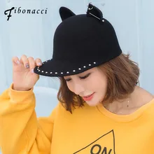Фибоначчи кошачьи уши Fedoras Высокое качество Мода Шерсть фетр черная шляпа металлические заклепки украшения для женщин fedora Конный колпак
