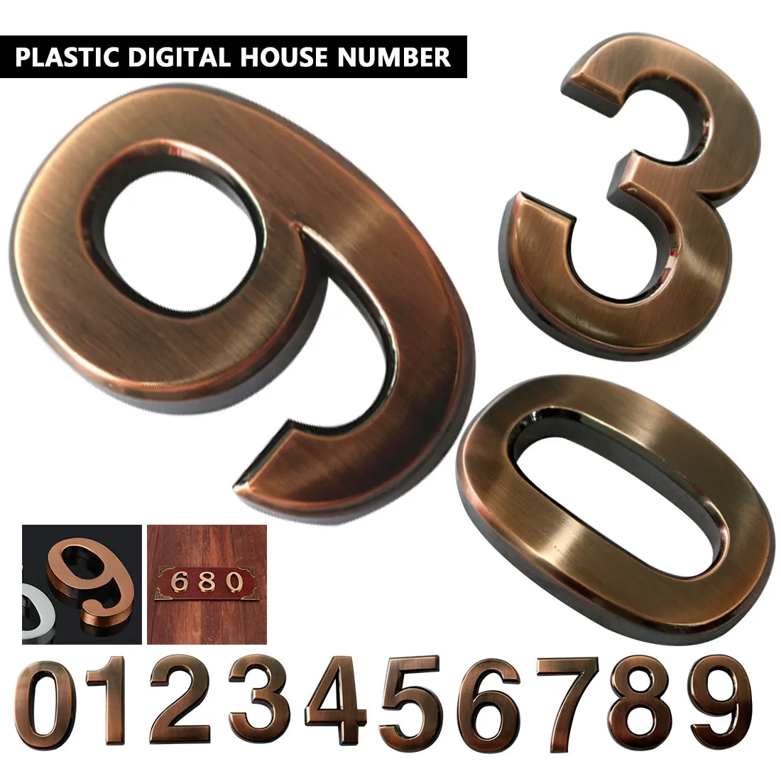 Пластиковые бронзовые самоклеющиеся номера на 0-9 двери индивидуальные дома адрес знак