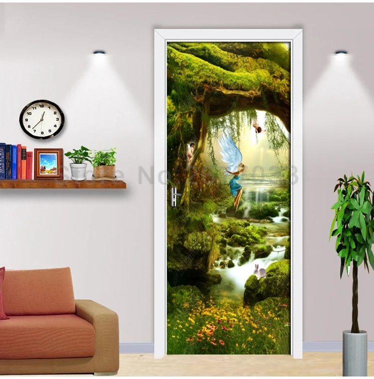 DIY Наклейка на дверь, Скандинавская картина маслом с изображением леса, большое дерево, обои, ПВХ, самоклеющиеся наклейки на стены, для гостиной, двери, домашний декор, плакат