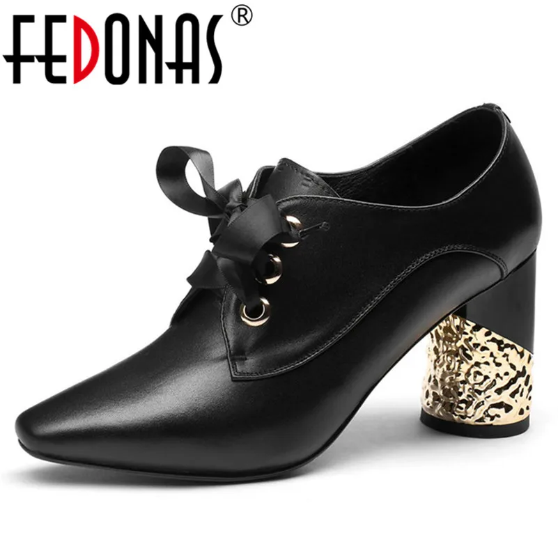 

FEDONAS Sexy High Heel Women's Pumps Spring Autumn Pointed Toe Lace Up Female Genuine Leather Square Heel Office Pumps
