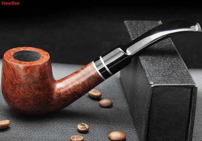 4 imported briar wood tobacco pipe with double metal ring deco bent saddle mouthpiece 9mm carbon filter men smoking pipe