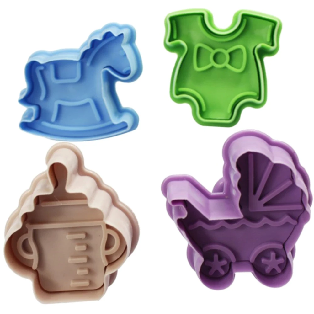 

4PCS/Set Cookie Mold DIY Biscuits Chocolate Kitchen Handmade Cutter Hand Press Stamp Plunger 3D Baby Clothes Shower Non-stick