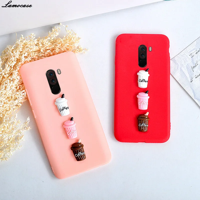 Lovely 3D Coffee Case For Xiaomi Poco F1 Pocophone F 1 Milk Soft TPU Cover Candy Color Plain Full Covers |