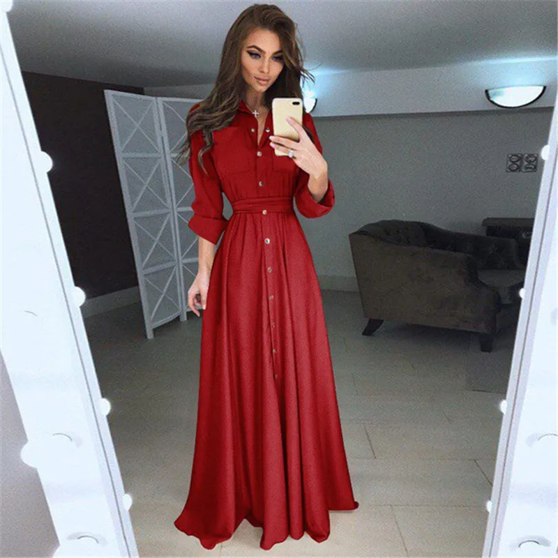 

Shirt Dress Women Red S-5XL Plus Size Floor-length Dresses 2019 New Spring Black Single-breasted Long Sleeve Dress Vestidos LR47