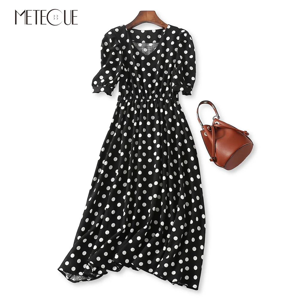 Vintage Polka Dot V Neck Half Sleeve High Elastic Waist Midi Dress Retro Cotton Linen Blends Dresses Women Summer Dress 2018