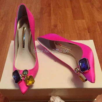 

Sapato Feminino Chic Luxury Bridal Pointed Toe 10cm High Heels Colored Gemstone Diamond Satin Pumps Ladies Crystal Wedding Shoes