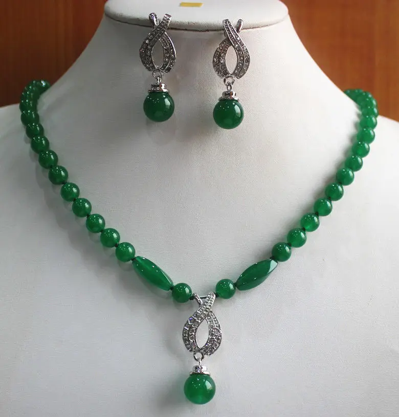

NEW jewelry choker women's natural Fashion 8mm Green/gem Dangle Earring Necklace Pendant Jewelry Set silver-jewelry